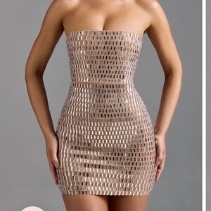 Oh Polly Aurora Embellished Bandeau Mini Dress in Almond - long